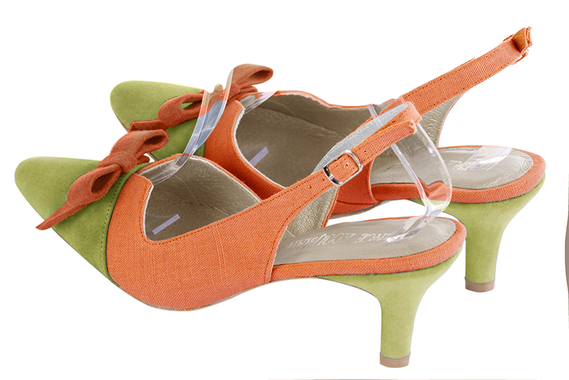 Pistachio green and peach orange women's open back shoes, with a knot. Tapered toe. Medium slim heel. Rear view - Florence KOOIJMAN